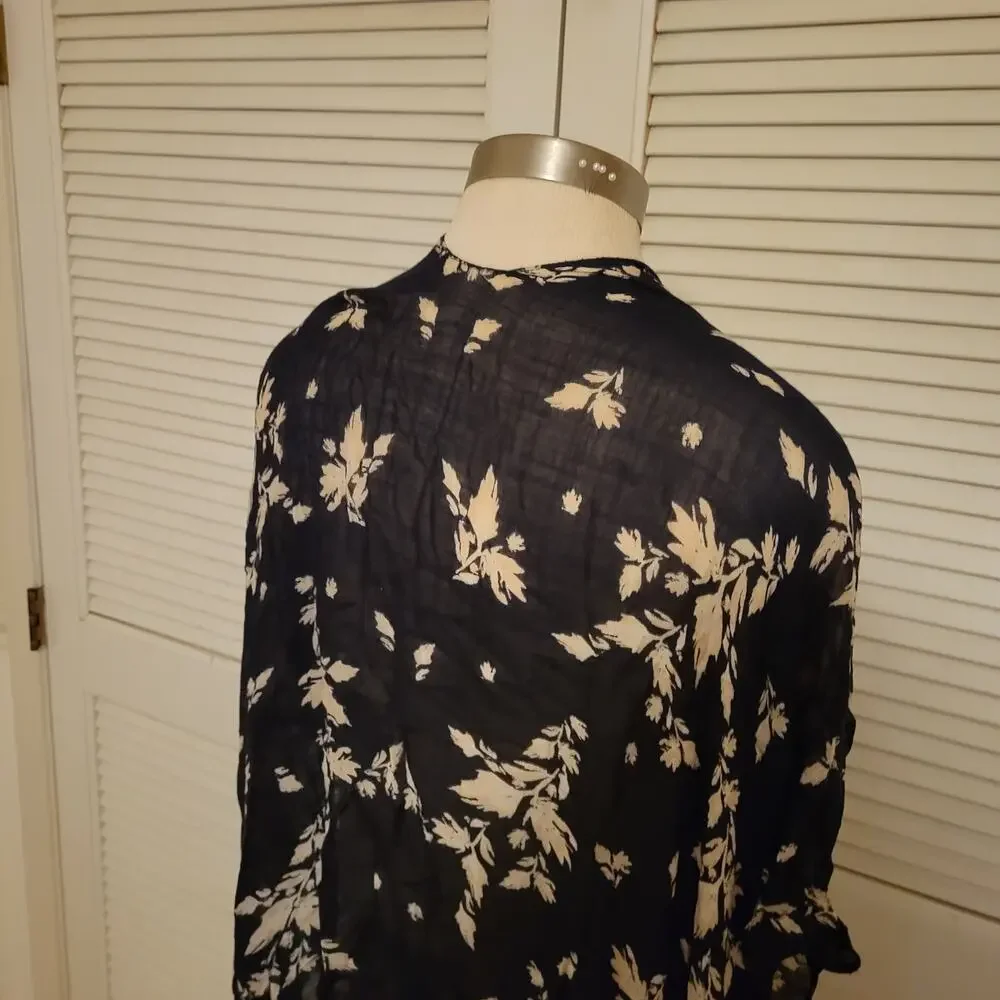 Boho Floral Sheer Kimono Wrap Shawl Tassel Trim Armholes One Size Fits All Black